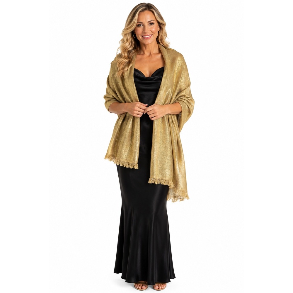Shawl Pashmina Women OS Gold Metallic Wrap Wedding Guest Holiday Party Glam